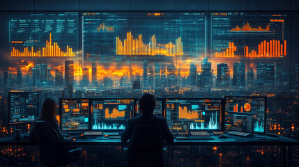 A series of images demonstrating the importance of business intelligence, including images of data scientists working with AI-powered tools, dashboards, and reports.