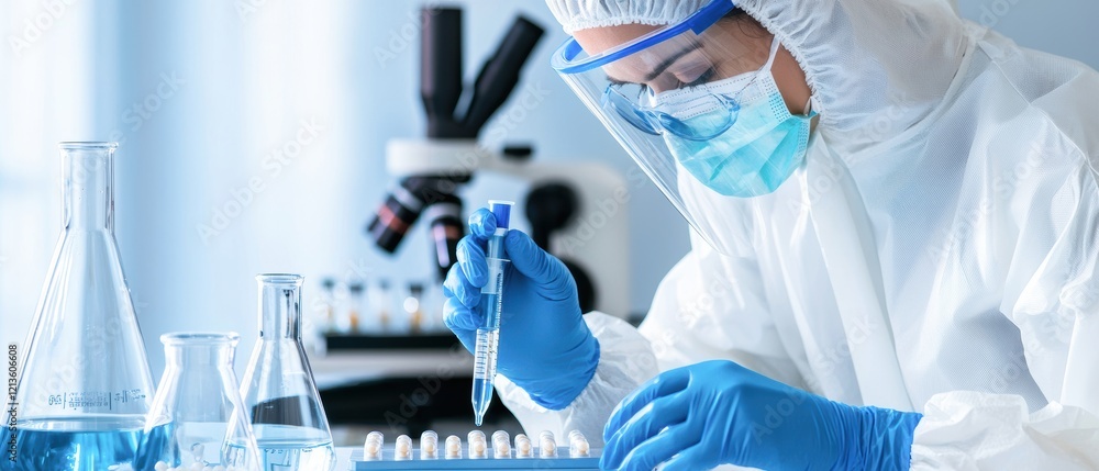 Poster a scientist in protective gear conducts experiments with test tubes and a pipette in a modern labora