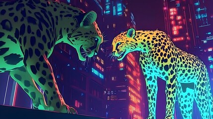 Neon cheetah and giraffe locked in a digital battle in a glowing cyberpunk city