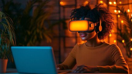 Naklejka premium Images of business professionals using virtual reality technology for remote meetings, virtual learning, and immersive product demonstrations.