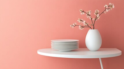 White Plates Vase Flowers Coral Wall Shelf