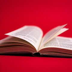 Obraz premium view of open book on isolated red background