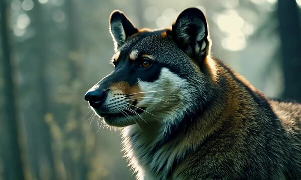 Majestic wolf-like creature in a serene forest, illuminated by soft sunlight, showcasing nature's beauty