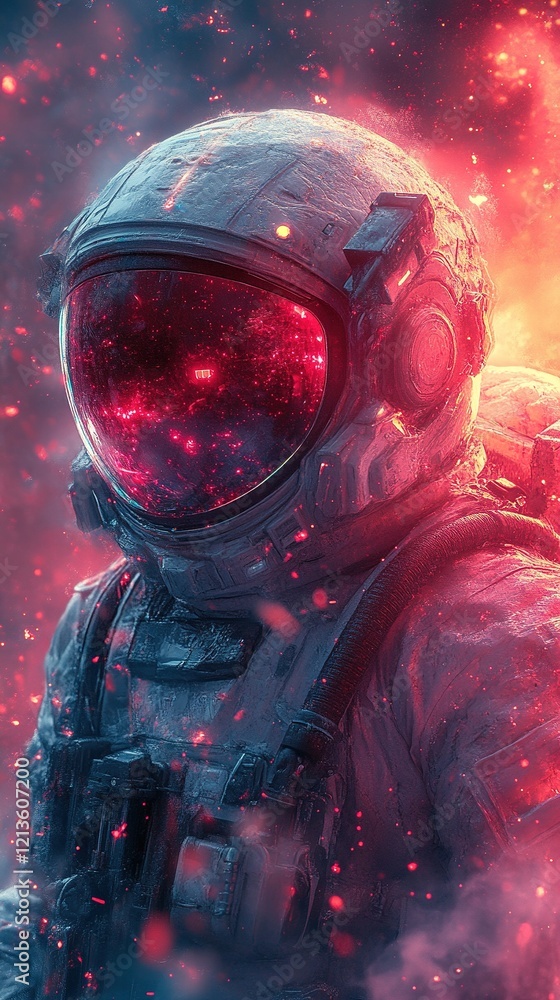 Poster astronaut in spacesuit with red visor in cosmic fiery nebula