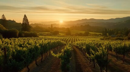 Naklejka premium Golden Hour Vineyard: Serene Sunset over Rolling Hills