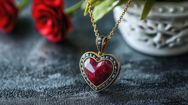 A heart-shaped pendant with a ruby gemstone, surrounded by roses and decorative elements.