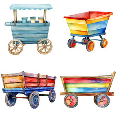 Colorful wooden carts and stands outdoor market watercolor art bright environment artistic perspective