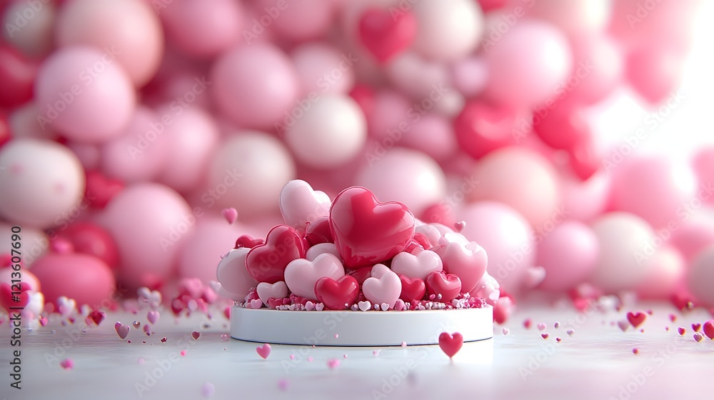 Aufkleber luxurious red and pink heart shaped balloons surrounding a glossy product platform with soft glowing