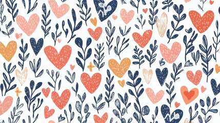 Naklejka premium Love Blooms Everywhere: A whimsical pattern with hand-drawn hearts of various shades of pink, orange, and blue interwoven with delicate, leafy branches.