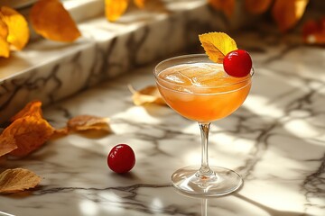 Autumn cocktail with cherry garnish on marble by window with fall leaves