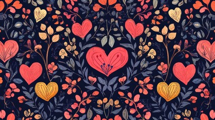 Fototapeta premium Floral Heart Pattern: A romantic and enchanting seamless pattern featuring delicate floral sprigs intertwined with vibrant hearts, creating a timeless and elegant design perfect for Valentine's Day.