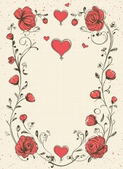 Romantic Floral Frame: An elegant oval frame crafted from delicate hand-drawn roses and whimsical hearts, perfect for Valentine's Day cards, wedding invitations, or romantic designs.