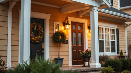 Charming Home Exterior at Dusk: Inviting Porch, Warm Lighting, and Festive Wreath