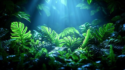 Naklejka premium Abstract minimal light blue background with tropical leaf and curtain shadows on a plaster wall, offering a clean and tranquil backdrop for product displays.