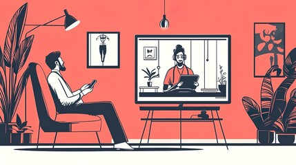 Man sitting in a chair during a telehealth consultation with a doctor on a screen, depicted in a minimalist black and white line illustration with a focus on technology in the home. 
