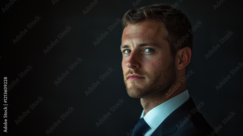 Poster a man in a suit and tie is standing in front of a dark background. generative ai