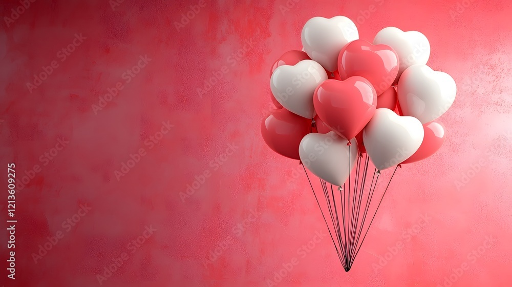 Poster romantic 3d heart shaped pink and white balloons floating gracefully against a soft gentle pink back