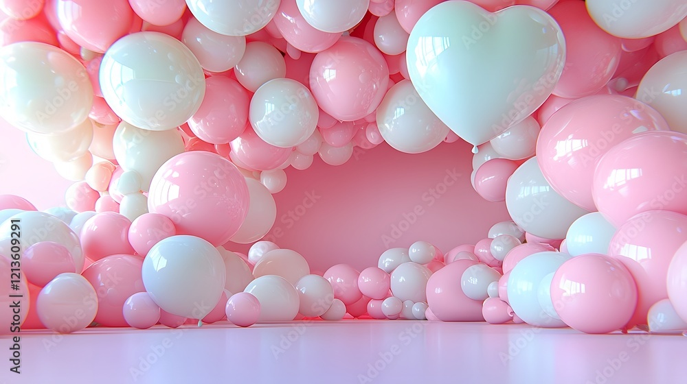 Aufkleber elegant 3d heart shaped pink and white balloons floating on a gentle pastel pink backdrop creating a
