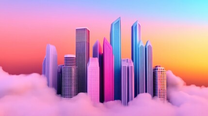 Fototapeta premium Dreamy Skyscrapers Emerging from Colorful Clouds at Sunset