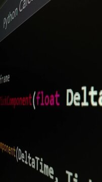 Closeup macro shot movement of coding script moving across LED screen with real-time AI-generated typing, showcasing advanced AI learning in optimization, debug and coding for software development.
