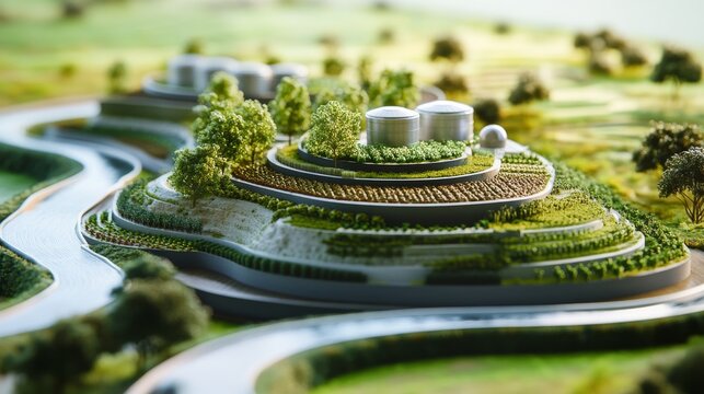 Sustainable farming diorama, 3D terrain slice model, underground growing systems, industrial storage tanks, natural tree integration, stepped cultivation levels, multiple crop varieties, modern