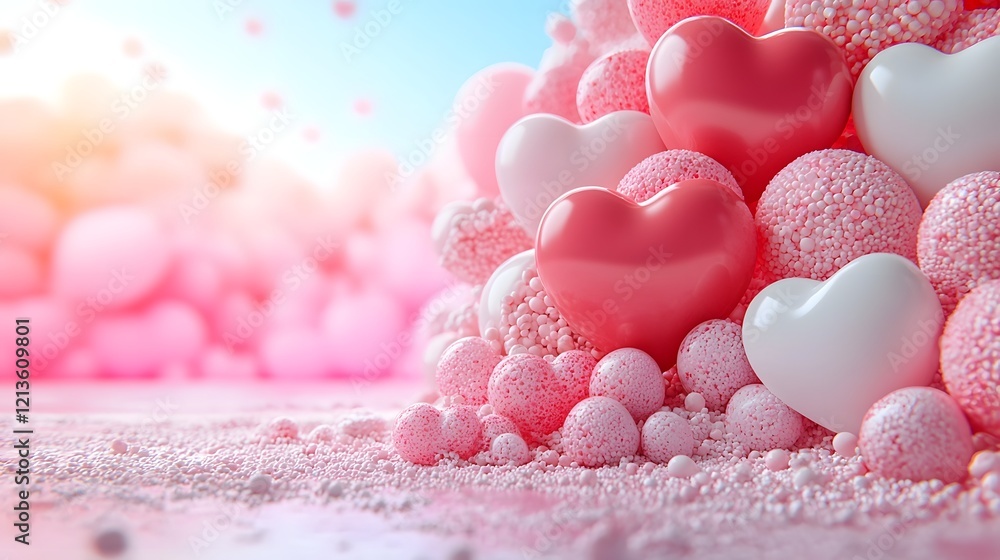Poster Bright 3D rendering of heart shaped balloons in multiple shades of pink red and white floating on a lively and vibrant pink gradient background perfect for Valentine s Day promotions advertising