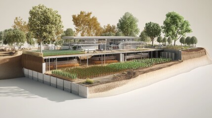 Sustainable farming methods showcase, volumetric land section model, advanced growing systems, modern storage facilities, strategic vegetation placement, multilevel crop arrangement, agricultural