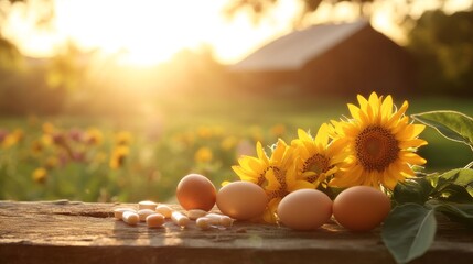 Farm to table wellness composition, backlit vitamin supplements, natural egg arrangement, vintage wooden surface detail, pastoral landscape background, golden evening light, free-range poultry scene,