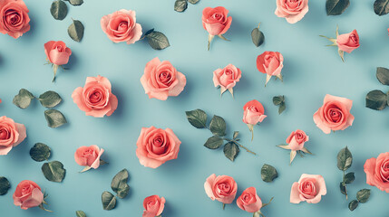 natural fresh red roses flowers pattern wallpaper. top view, red rose flower wall background.