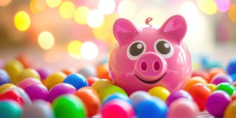 Pink pig is sitting on a pile of colorful balls