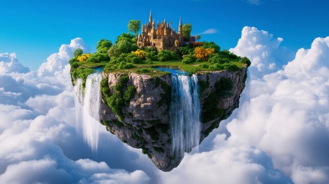 Floating Island with Castle Surrounded by Lush Greenery and Waterfalls
