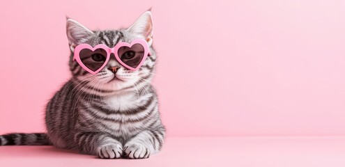 Adorable gray tabby cat lying down with pink heart-shaped sunglasses against a pastel pink background. Perfect for Valentine's Day promotions or playful designs