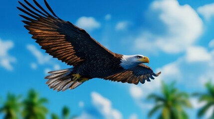 Obraz premium Majestic Bald Eagle in Flight against a Bright Blue Sky