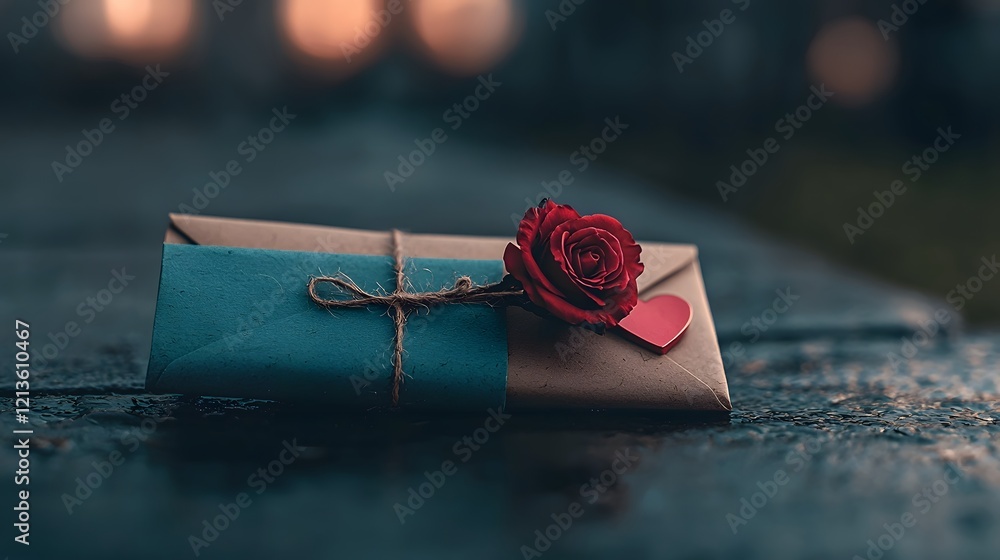 Poster stunning valentine s day scene with a love letter envelope sealed with a heart and red rose on a sof