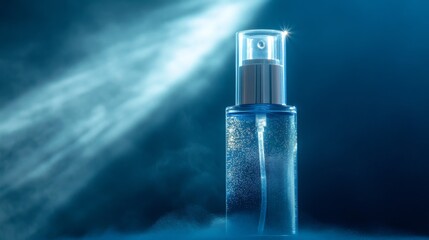 Sustainable product photography, clear spray bottle detail, ethereal mist effect, calming blue atmosphere, environmental consciousness narrative, radiating light streams, minimalist product styling,