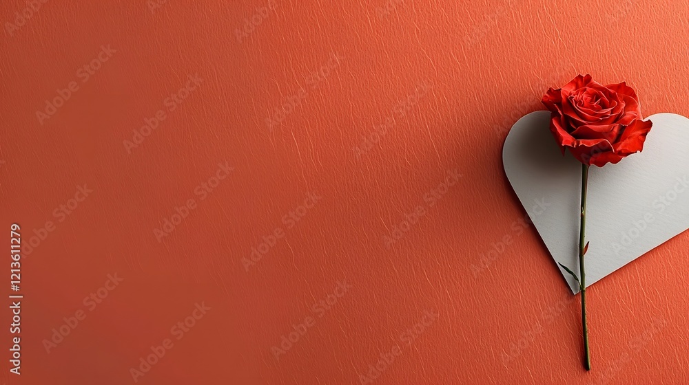 Poster romantic heart shaped with a single red rose and a love letter placed on a soft glowing background w