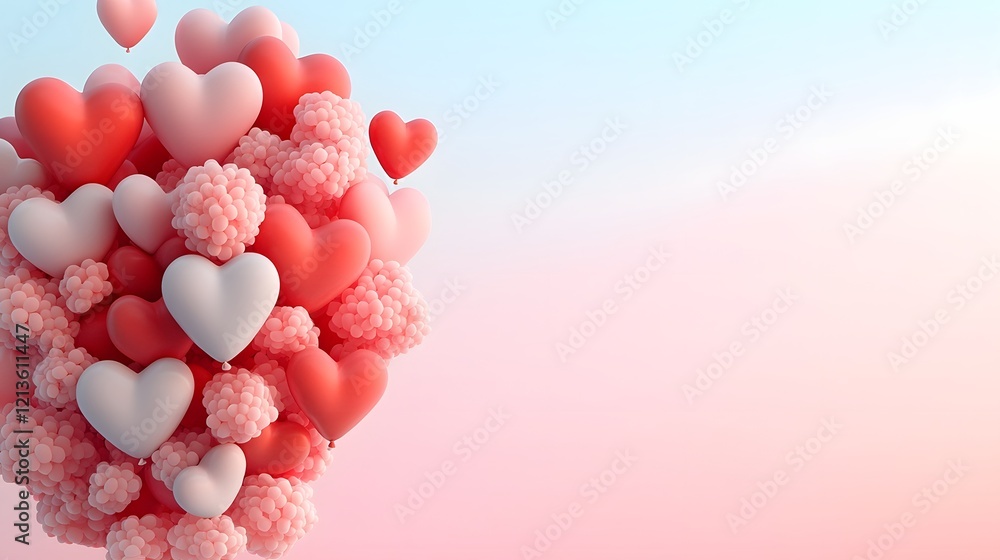 Poster delicate heart shaped balloons in various shades of pink and red floating against a soft pastel tone