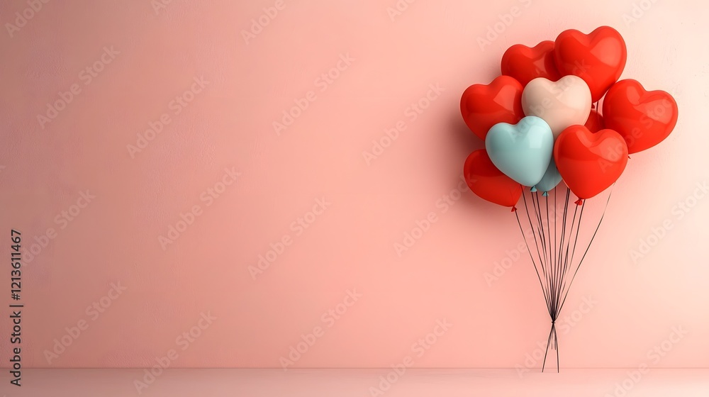 Poster Heart shaped balloons in a bouquet floating against a soft pink and red background with ample blank space perfect for use in Valentine s Day cards advertisements