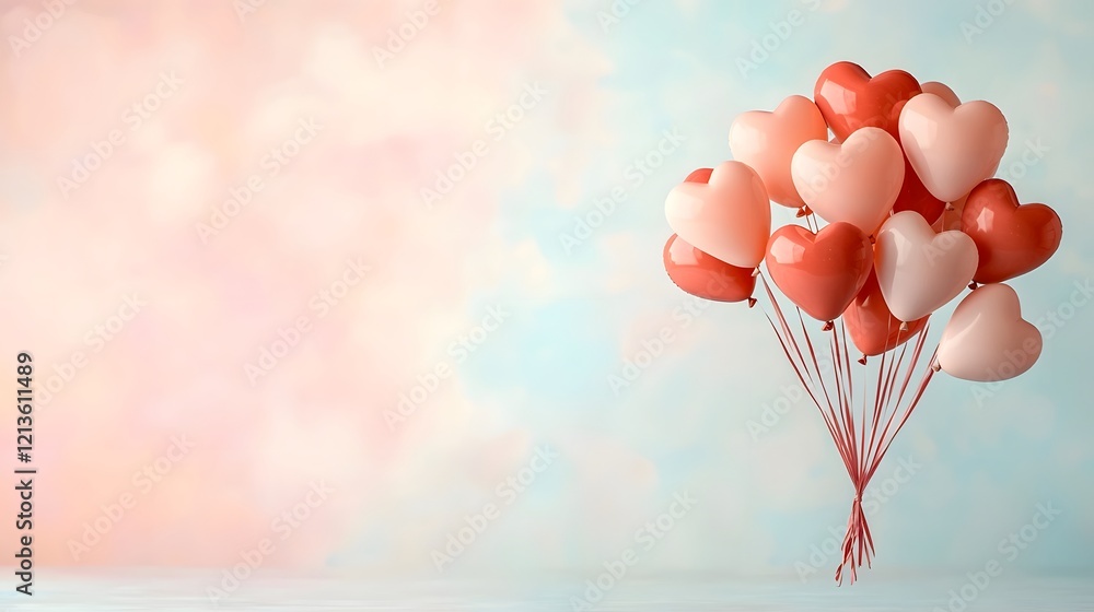 Poster Heart shaped balloons in shades of red and pink floating against a soft pastel background providing ample blank space for custom text or design elements perfect for Valentine s Day cards
