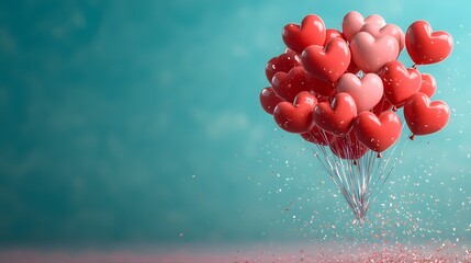 Romantic and whimsical Valentine s Day concept featuring a cluster of heart shaped balloons in shades of red and pink gently floating above a smooth