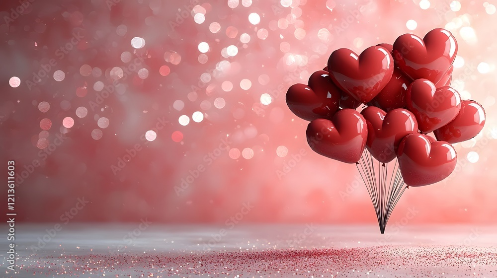 Aufkleber Romantic Valentine s Day background with heart shaped balloons in shades of red floating in a soft blurred bokeh effect  Clean empty space provides an elegant template for love messages greetings