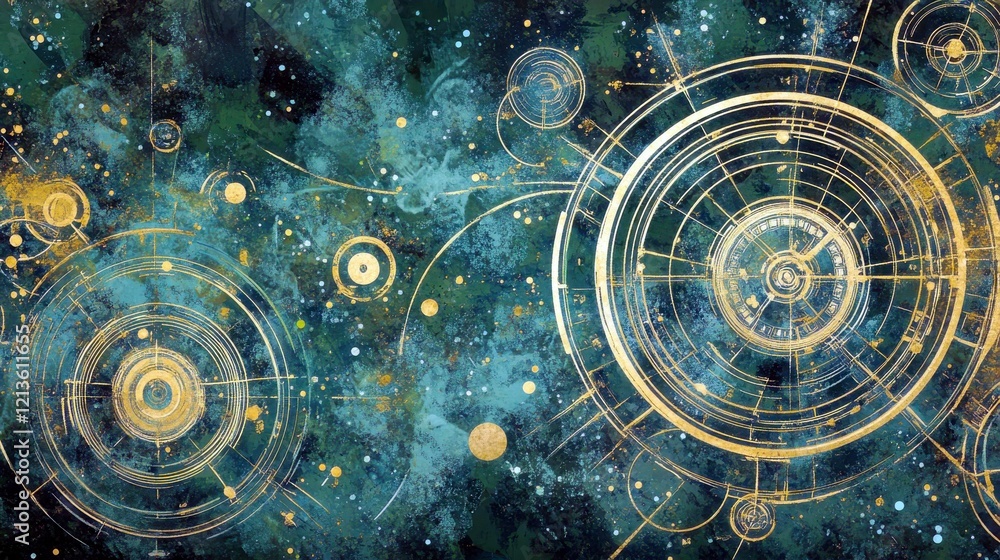 Poster abstract cosmic background with intricate golden circular patterns and vibrant colors in a deep spac