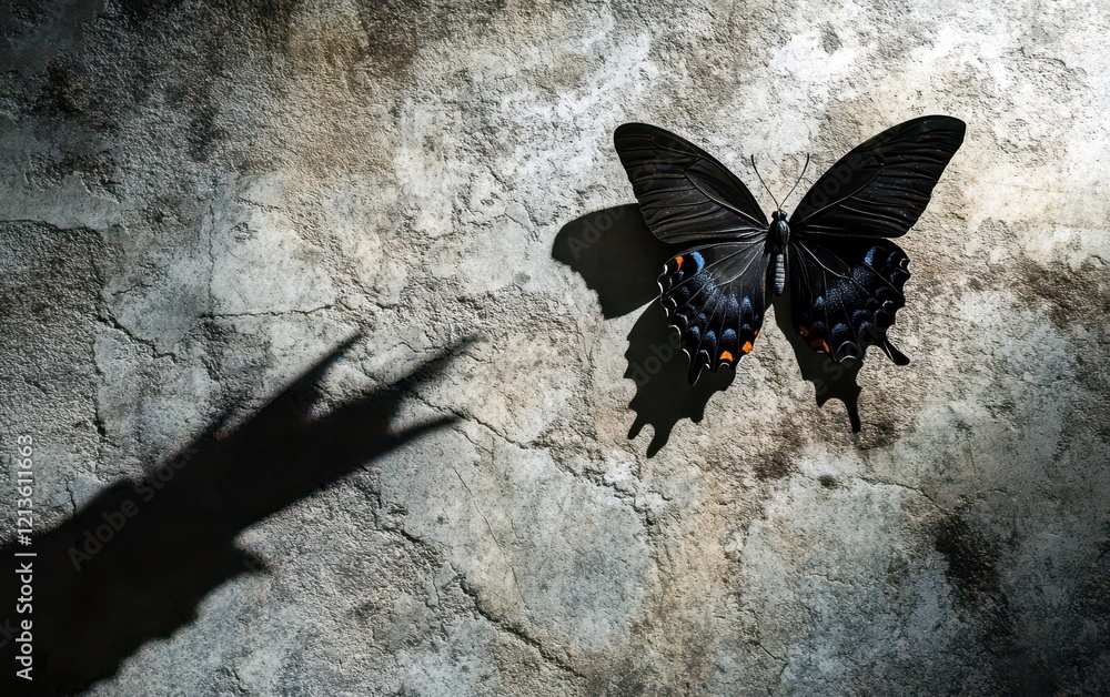 Aufkleber majestic black butterfly with colorful patterns on a textured background casting a mysterious shadow