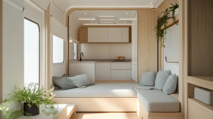 Fototapeta premium Sustainable tiny home visualization, modern trailer house section, light wood and white palette, integrated living spaces, compact kitchen design, indoor plant integration, efficient furniture