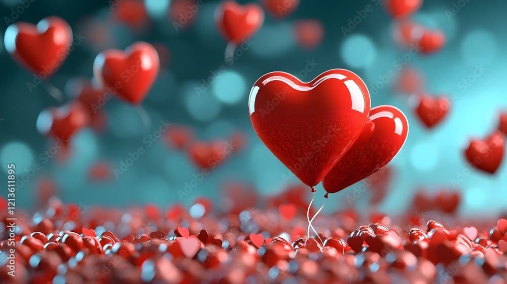 Poster soft and romantic valentine s day background with floating red heart balloons and open space for lov