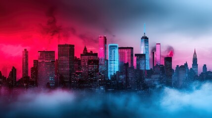 Fototapeta premium A vibrant city skyline is illuminated with red and blue lights, partially shrouded in fog, creating a dramatic and futuristic atmosphere.