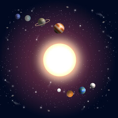 Solar system vector illustration with planets orbiting the sun, surrounded by stars and a cosmic background, perfect for educational, scientific, and space-themed designs..