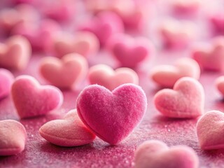 Obraz premium Valentine's Day Pink Velvet Hearts Background, Tilt-Shift Photo, Romantic Copy Space