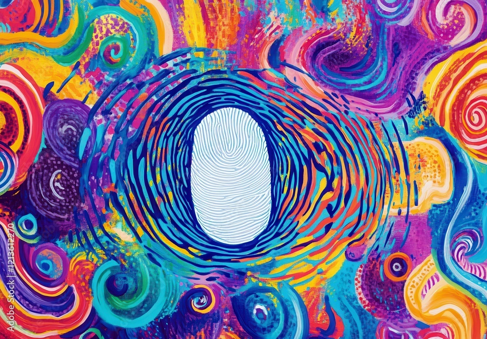 Poster vibrant abstract background with colorful swirls and central fingerprint design for creative and art