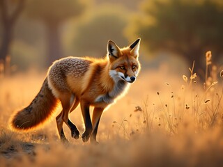 Fototapeta premium Red Fox Walking Through Golden Grass Field at Sunset